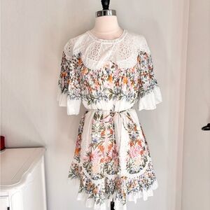Farm Rio Anthropologie Sweet Bloom Bouquet Mini Dress Eyelet White Floral, Sz L